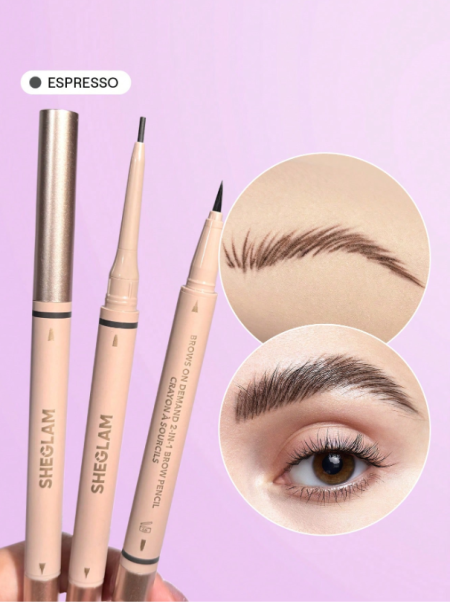 SHEGLAM قلم حواجب 2 في 1 من Brows On Demand-قلم حواجب سائل مقاوم للماء بلون الإسبريسو مقاوم للعرق ومضاد للزيوت وملء طبيعي للحواجب وتحديد الحواجب